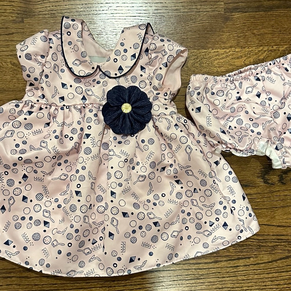 Pink Baby Dress with Navy Floral Accent